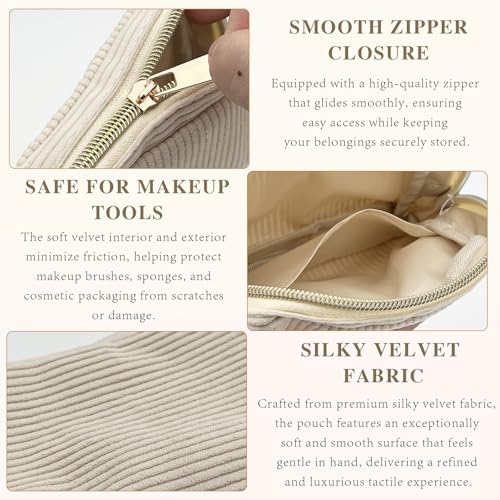 Beige Mini Corduroy Makeup Bag with Zipper and Pockets