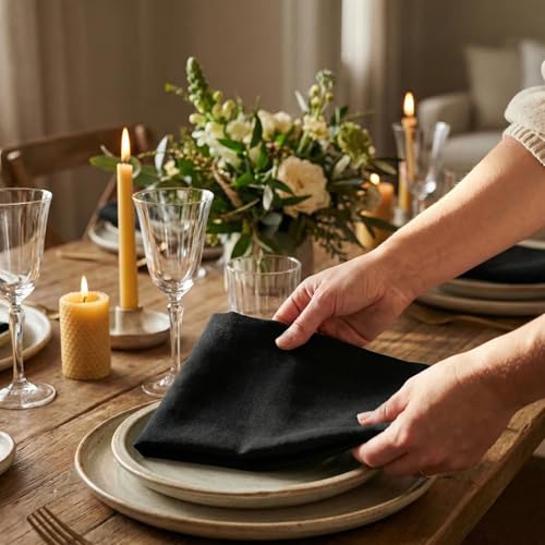 Elegant Black Cotton Herringbone Cloth Napkins - Set of 6
