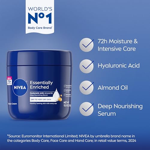 NIVEA Essentially Enriched Body Cream 13.5 Oz with Hyaluronic Acid & Almond Oil
