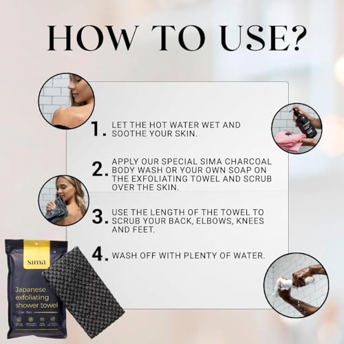Sima Brand Exfoliating Washcloth Face & Body Scrub Towel - Japanese Exfoliating Towel with Hexagon Fibers, Body Scrubber with 2 Sides for Scrubbing & Washing, Extra Long Body Towels (Black)