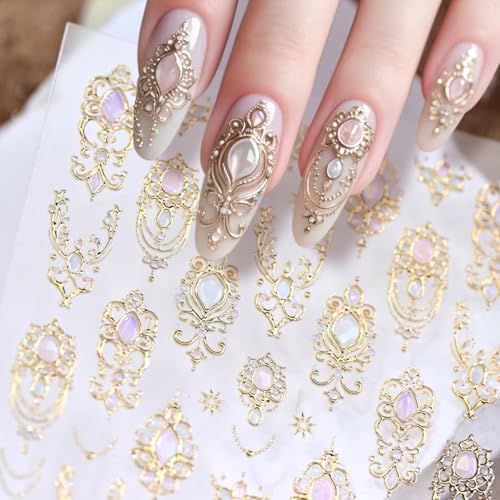 HPYFOI Style-10 Gold Nail Stickers with Gemstone & Filigree Design, Self-Adhesive 3D Nail Art Decals for Women & Girls