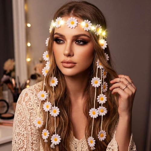CAKURE White Boho Daisy Headband Light Up Flower Hair Accessory for Women