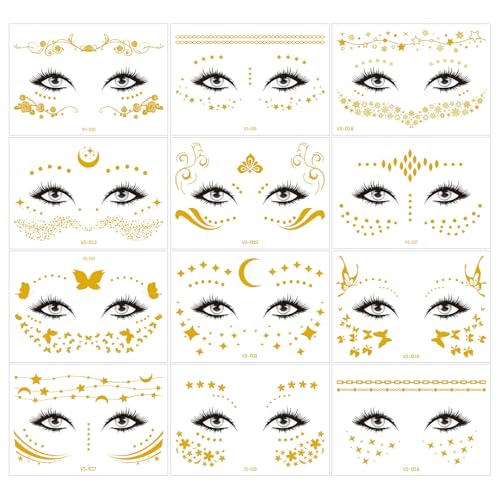 FT-Gold Face Stickers 12 Sheets Glitter Freckle Tattoos for Women – Gold Glitter Face Tattoos (638)