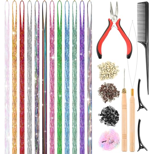 Leuceiy 12 Color 48" Hair Tinsel Kit - 3600 Strands for Sparkling Hair