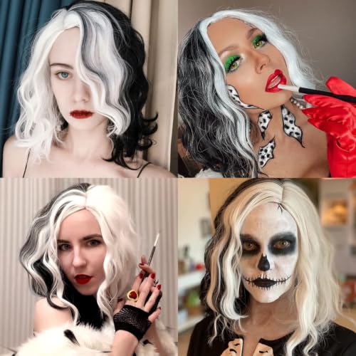 Cying Lin 14" Short Wavy Bob Wig - Black and White Synthetic Cosplay Wig