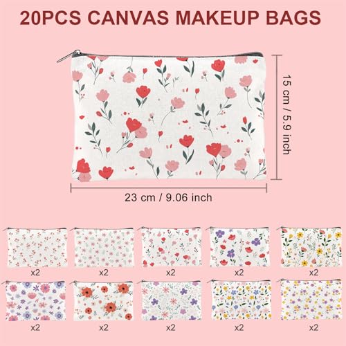 20PCS Small Floral Makeup Bags - Canvas Travel Pouches for Women