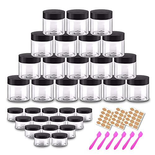 AMORIX Black Lid Travel Cosmetic Jars Set – 24x 2oz & 24x 0.7oz Plastic Containers with Labels & Spatulas