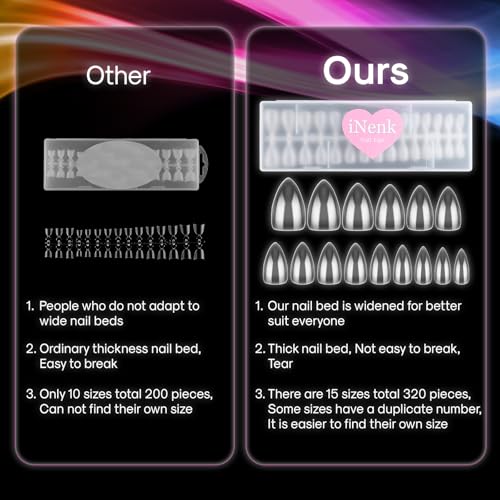 Full Stiletto Nail Tips Kit - 240 Pieces, 15 Sizes, Short & Wide, Includes Heart Stickers (INENK, Variant: Full Stiletto 240)