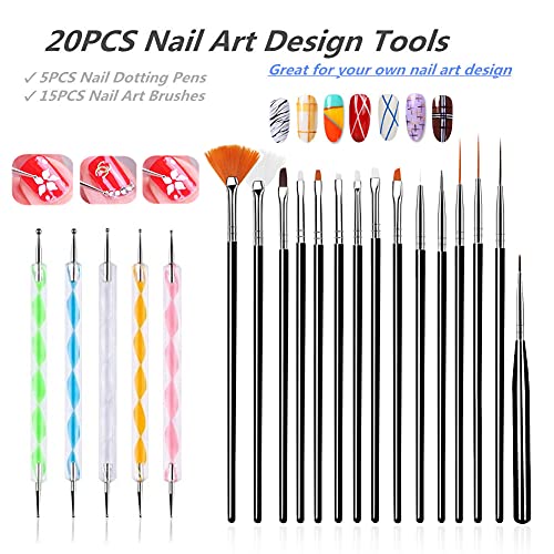 FULINJOY 20PCS Nail Art Tools Set Black - Brushes & Dotting Pens for Professional Nail Design