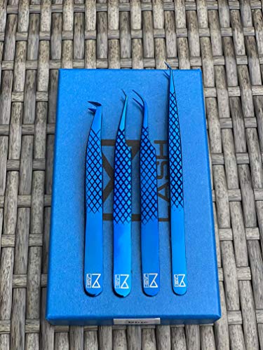 Blue M Lash Tweezers Set of 4 for Eyelash Extensions - Precision Lash Tools