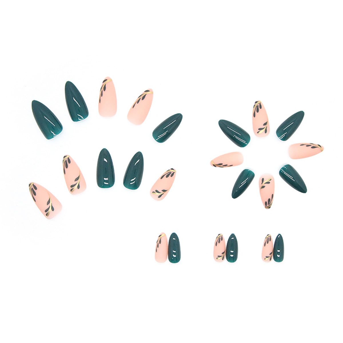 Almond Press-On Nails - Leaf Design Green Full Cover Glossy | 24PCS Manicure Set