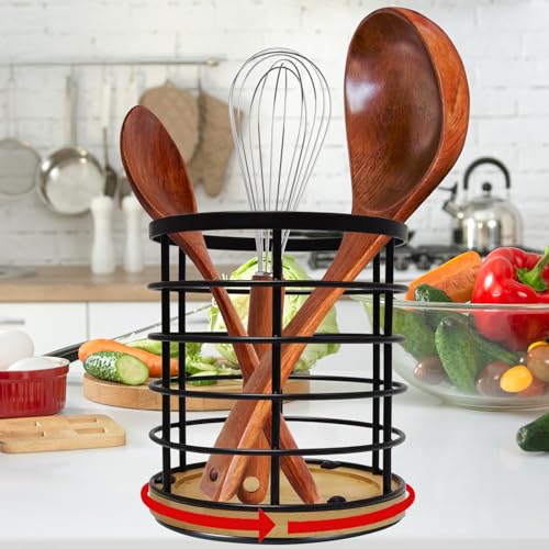360° Rotating Black Kitchen Utensil Holder - Large 5.2" x 6" Caddy
