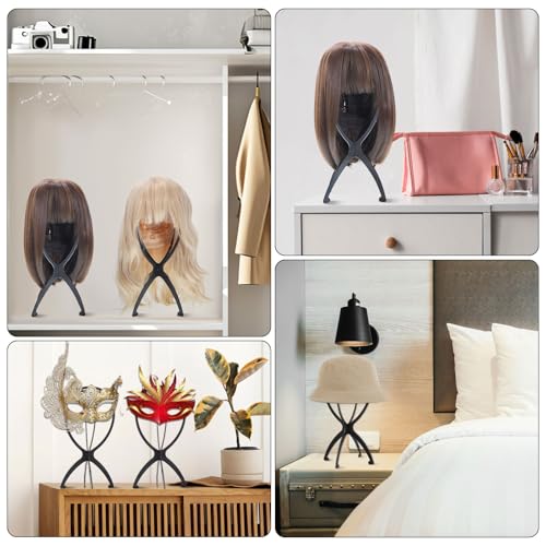 obeoby Foldable Black Wig Stand 3 Pack Portable Hair Wigs Holder for Travel & Home
