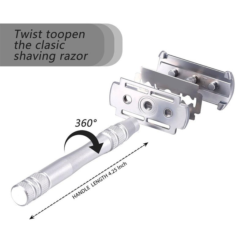 Men's and Women's Manual Razor Safety Razor with 10 Double Edge Blades, Double Edge Razor, Eco-Friendly, Smooth Close Shave, Plastic-Free, Easy to Carry for Traveling at Home (Silver)