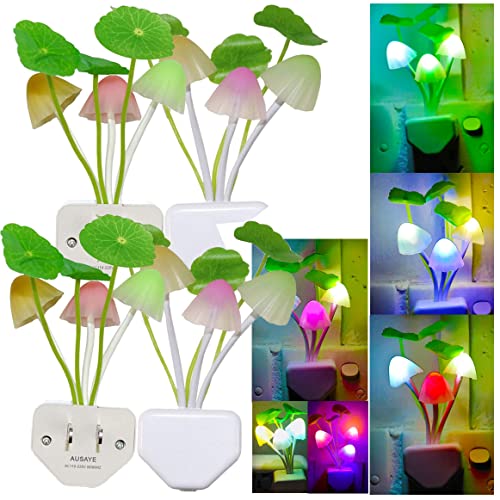 AUSAYE LED Mushroom Night Light - 7 Color Changing, Auto Sensor, Pack of 4