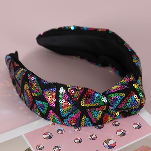 Gmmidea D-Rainbow Black Sequin Knotted Headband for Women and Girls