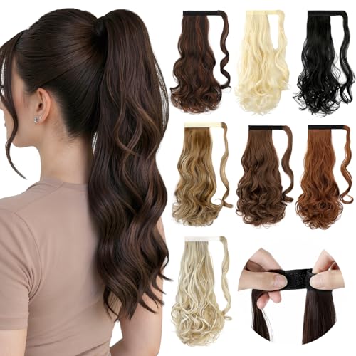 FELENDY 18" Dark Brown Wavy Ponytail Extension - Clip In Hairpiece