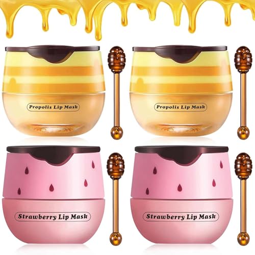 Alisesun 4Pcs Strawberry & Honey Lip Balm Propolis Mask – Moisturizing Lip Care