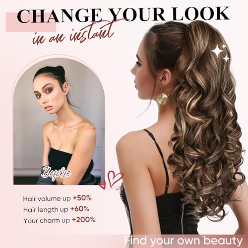 24 Inch Chestnut Brown with Golden Claw Clip Ponytail Extension - Long Curly Wavy Hairpiece