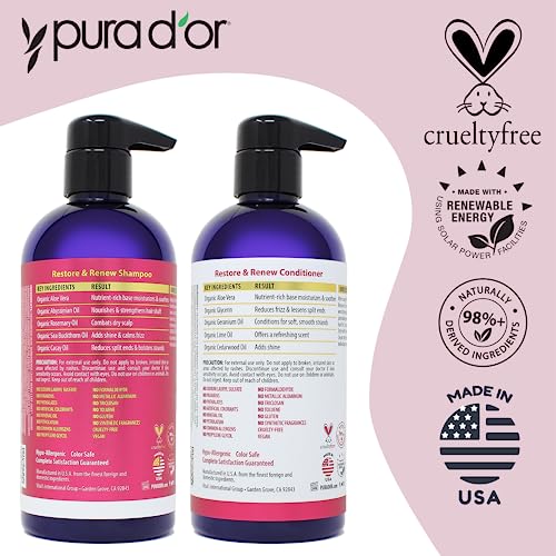 PURA D'OR Restore & Renew Shampoo 16oz for Damaged Hair Protection & Growth