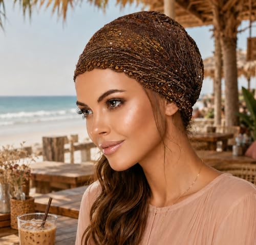 Taupe Gold Shimmer Vintage Lace Headband - Wide Stretchy Hair Accessory