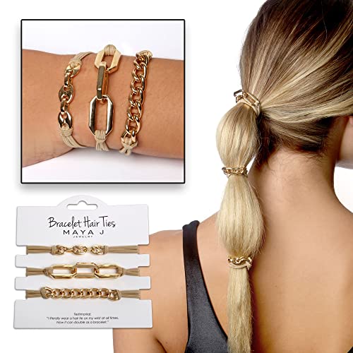 Gold Hair Tie Bracelets Set of 3 with Metal Accents - Maya J