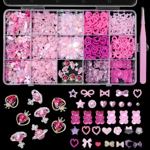 Tatiwoo S3 Pink 3D Pearls & Gems Nail Charms Set for Nails & Art