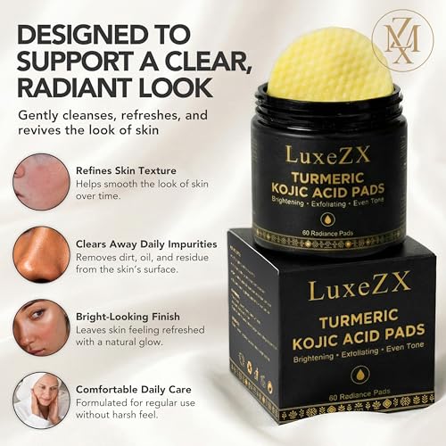 LuxeZX Turmeric Kojic Acid Face & Body Exfoliating Pads – Brightening & Dark Spot Corrector, 60 Radiance Pads