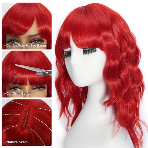 Ucubb Short Bob Wavy Wig with Bangs - Hong Style, Natural Look, 18 Inch, Synthetic Hair, Adjustable Fit for Women