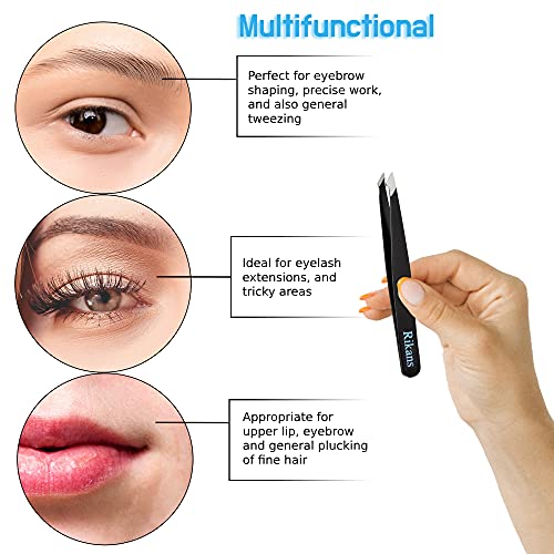 Rikans Precision Tweezers Set - 4-Piece Stainless Steel Eyebrow & Splinter Tweezers with Carry Pouch