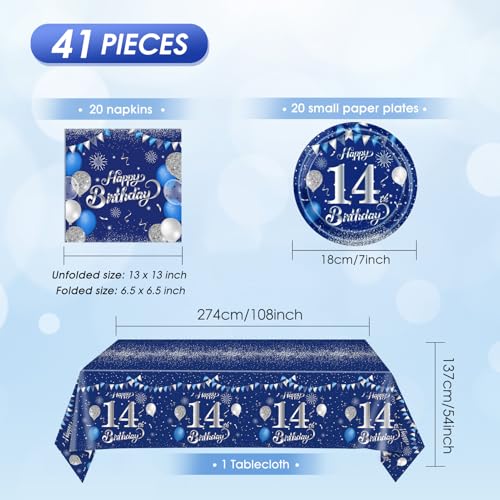 14th Birthday Party Decorations Set - Blue & Silver, 41PCS Tableware for 20 Guests