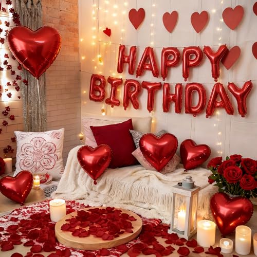 Romantic Birthday Balloon Set with Red Heart Balloons & Rose Petals