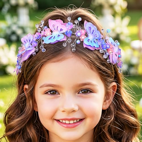 Urieo Girl Flower Headband with Butterfly and Crystal Beads Wedding Hair Accessory