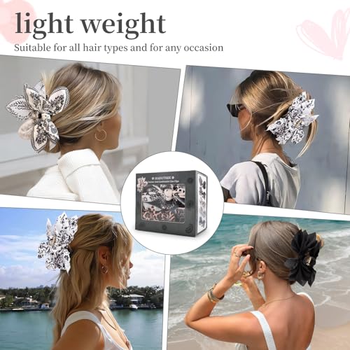 Hadutrek 3PC Bow Claw Hair Clips - Black & White Floral, Paisley