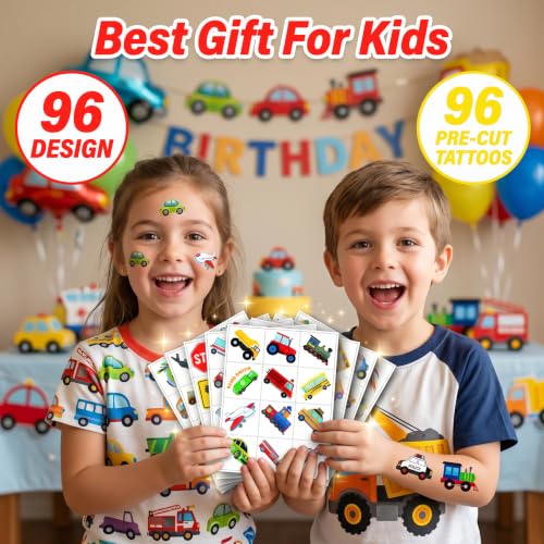 96 Pack Kids Construction Vehicle Temporary Tattoos - Waterproof & Easy to Apply