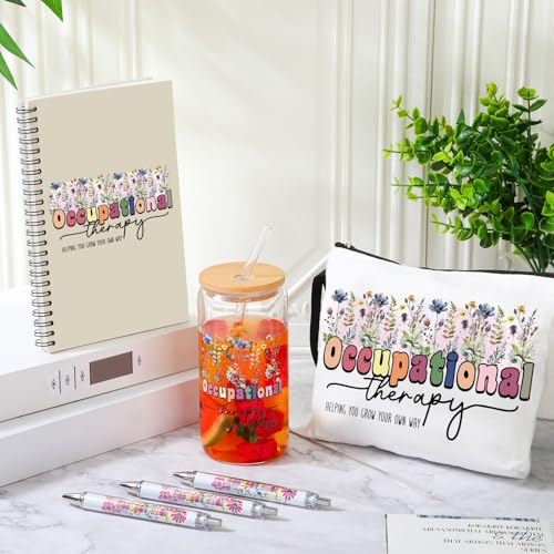 Flower Occupational Therapy Gift Set for Therapists - 6 Pcs with Makeup Bag, Glass Cup, Notebook & Pens