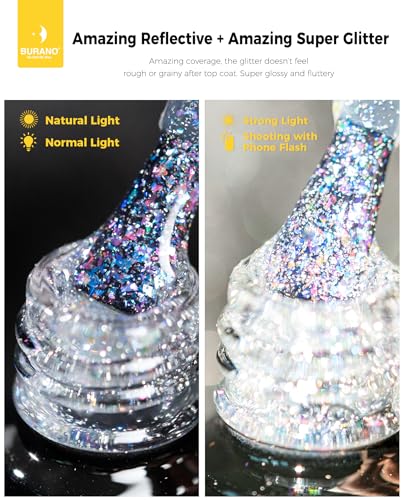 BURANO YH11 Holographic Silver Glitter Gel Nail Polish - Reflective UV Top Coat