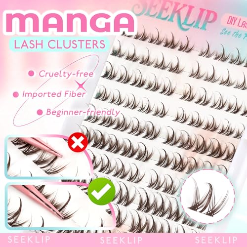 SeekLip Narcissus-Brown Manga Lash Clusters D Curl Brown Eyelashes for Natural Look