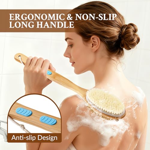 Anti-slip 2-Pk Double-Sided Body Brush with Long Handle – Back Scrubber, Soft & Firm Bristles, Wet/Dry