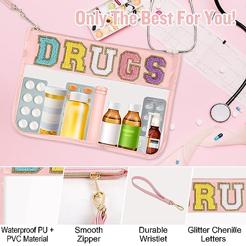 Izuzta A-DRUGS-Pink Chenille Letter Waterproof Makeup & Medicine Pouch with Wristlet