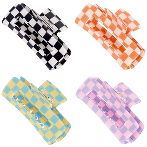Large Checkered Hair Claw Clips - 4 Pack Acrylic Barrettes for All Hair Types