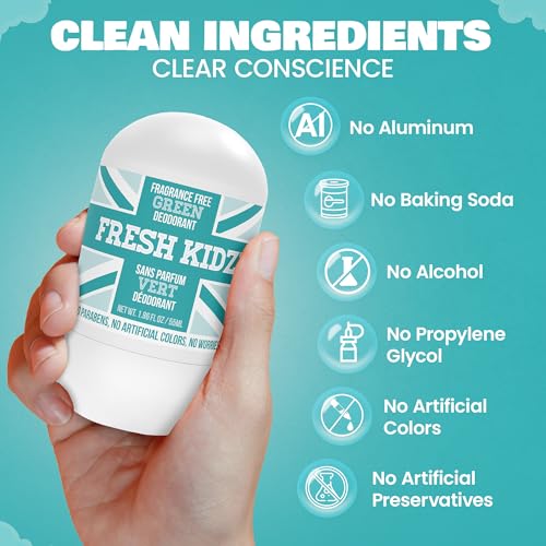 Fresh Kidz Kid & Teen Unscented Deodorant 3-Pack, Baking Soda & Aluminum-Free, 24H Protection, 1.86 fl oz