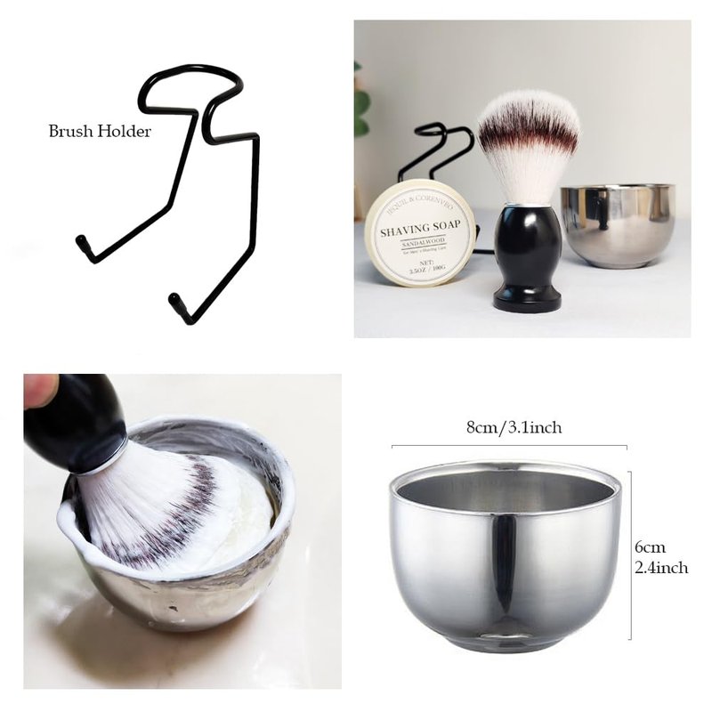 Shaving Brush Set for Men, 4pcs Shaving Set Includes Shaving Brush Shaving Soap, Steel Bowl and Razor Stand
