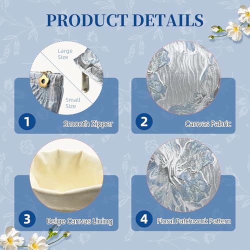 Blue Sculptured Flower Makeup Bag Set - Large & Small Canvas Pouches
