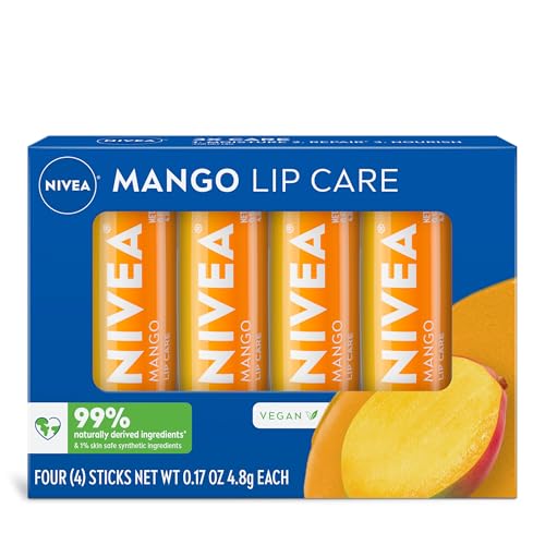 NIVEA Mango Lip Balm Pack of 4 - Hydrating Shea Butter Lip Care, 0.17 OZ Each