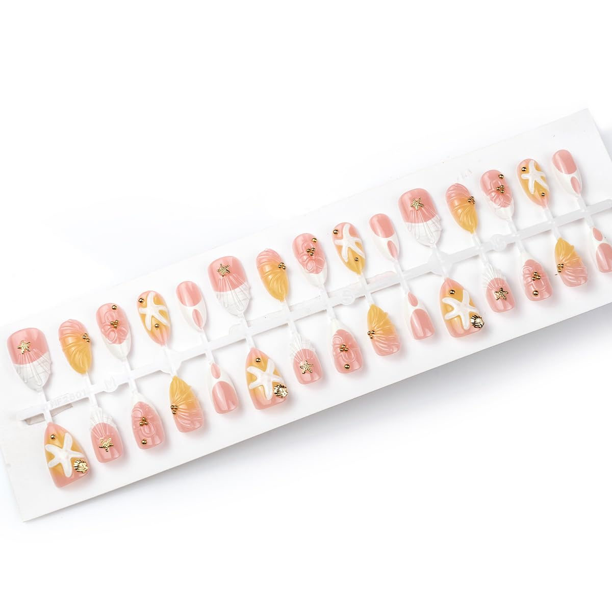NEWSPIED 30 Pcs Handmade Press On Nails Short Almond Summer Beach Fake Nails with 3D Flower & Gold Starfish Shell Charms Design Glossy Nude Pink Acrylic Nails Reusable Glue On Nails Kit for Women DIY
