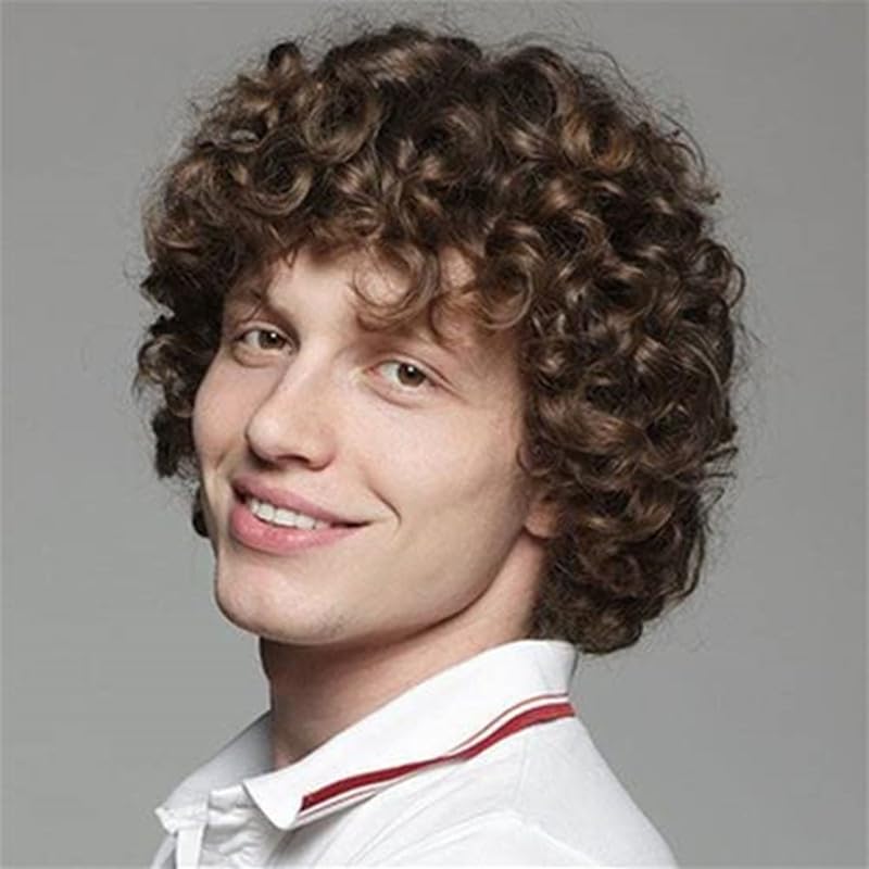 Tseses Short Curly Afro Wig for Men, Adjustable Synthetic Hair Cosplay