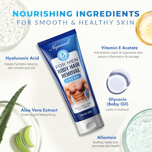 Hair Removal Cream for Men: Sensitive Depilatory Cream for Men - Body Legs Chest Underarms Intimate Areas - Vitamin E - Painless Effective Flawless Soothing Easy - Hair Remover - Gentle Formula - 120g