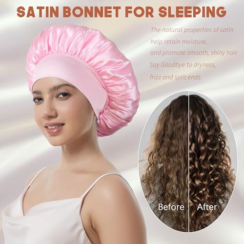 Large Satin Sleep Bonnets for Women - 2 Pack, Anti-Frizz Cap