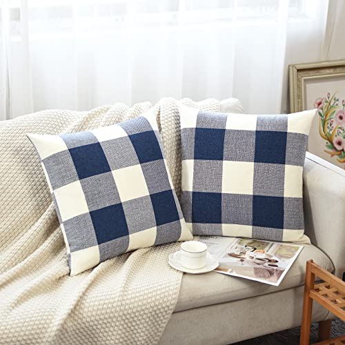 Tosewever Set of 2 Blue & White Buffalo Check Pillow Covers - 20" x 20" Cotton Linen Cushion Cases for Farmhouse Home Decor